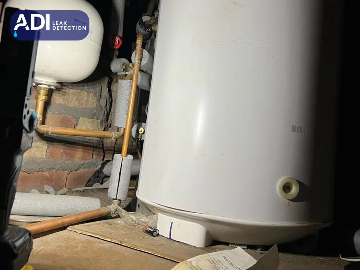 A hot water cylinder with its copper pipework and expansion vessel, beside bare brickwork