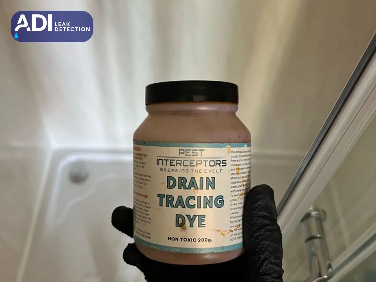 A gloved hand holding a tub of drain tracing dye inside a shower enclosure