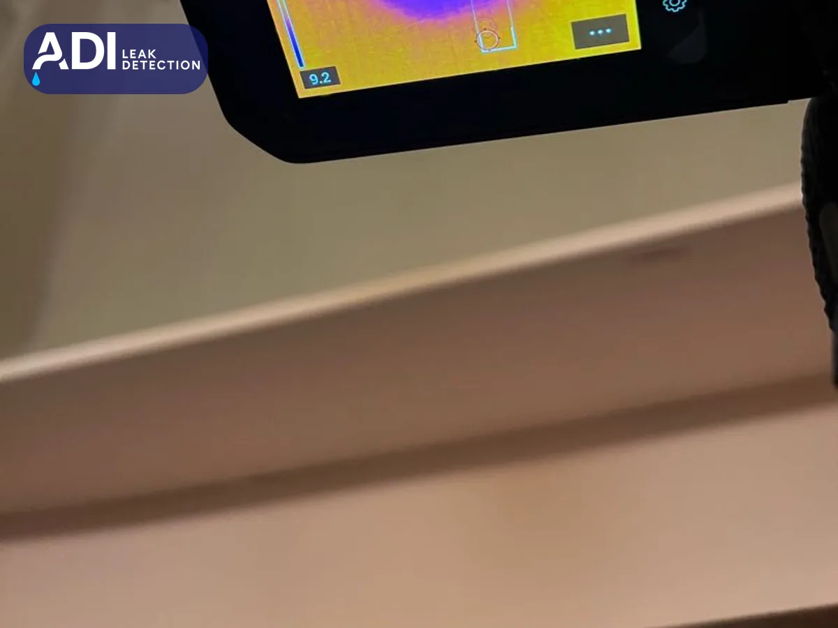 A thermal imaging camera screen held below a ceiling, with a cooler patch at the top of the image